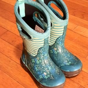 BOGS Girls Toddler Size 9 Teal Flower Stripe Boots Cold Snow Winter Waterproof